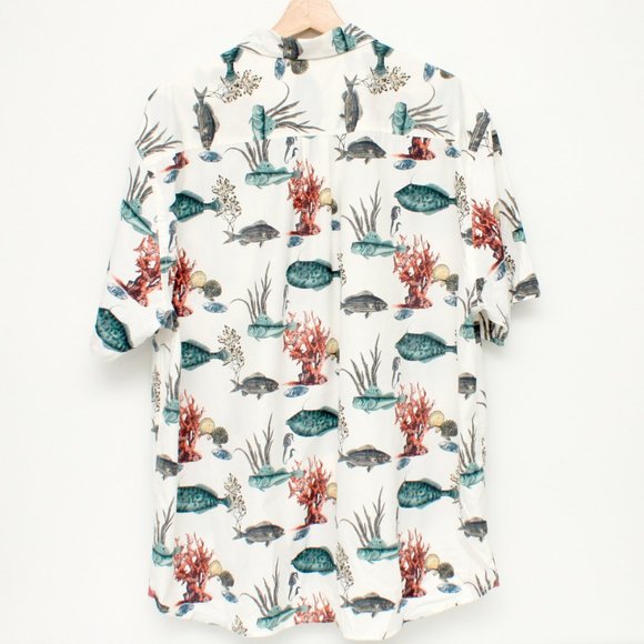 Tommy Bahama Men's Fish Print Cotton Silk Blend Button Shirt White XLTG SS - Picture 2 of 6